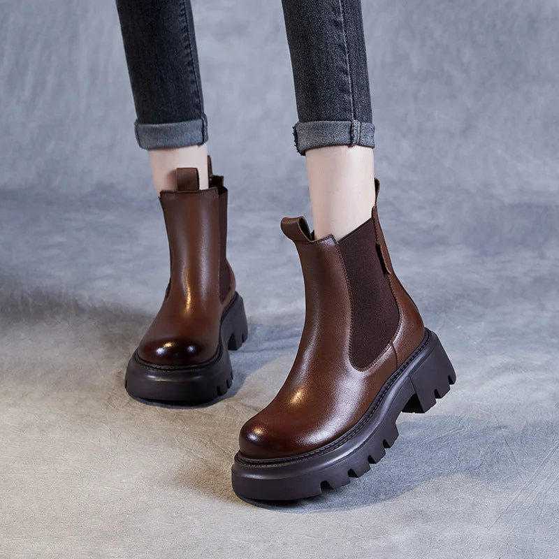 Women Retro Minimalist Leather Platform Boots