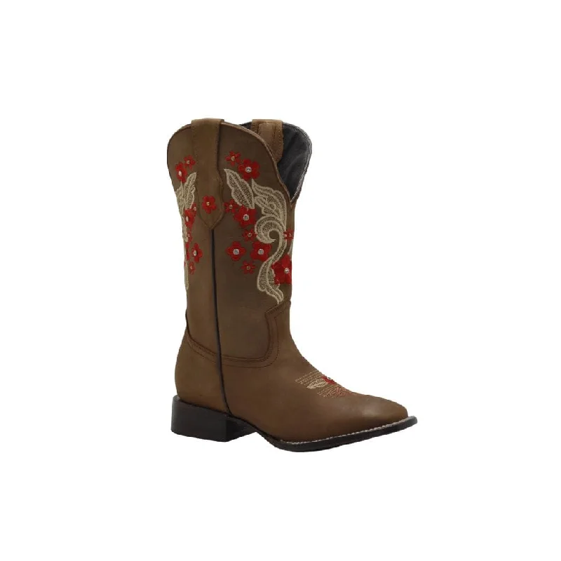 JOE BOOTS 16-06 SAND/RED, Premium Women's Cowboy Boots,  Embroidered Red Flowers Cowgirls Boots: Square Toe Western Boots.