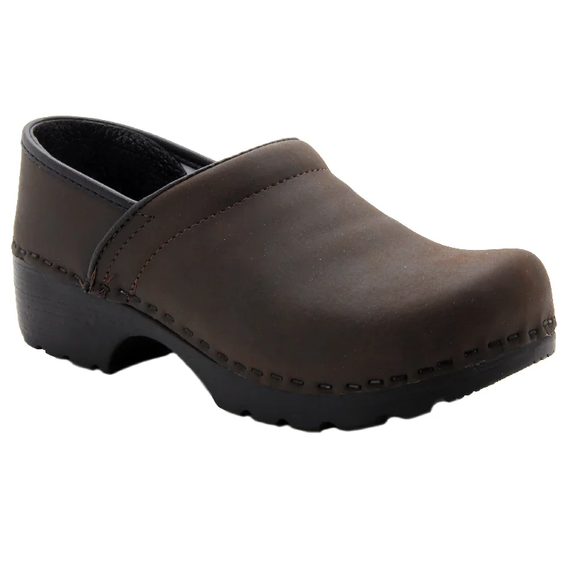 BJORK Women's Swedish Professional BROWN Oiled Leather Clogs - FACTORY SECOND