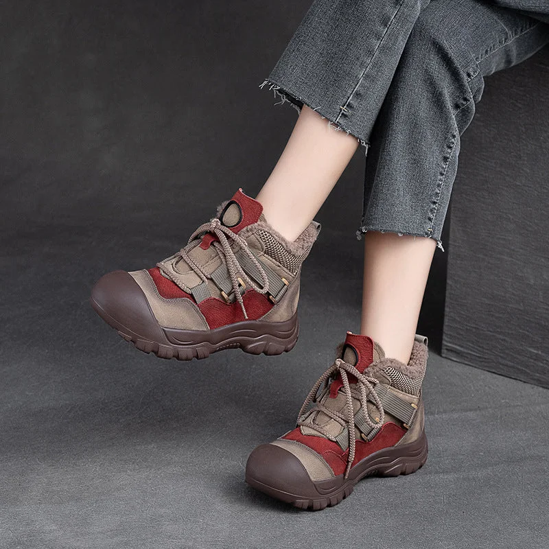 Women Retro Patchwork Leather Winter Furred Ankle Boots