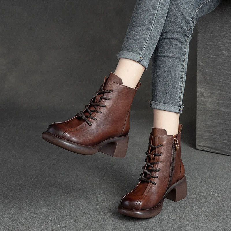 Women Retro Leather Chunky Heel Boots