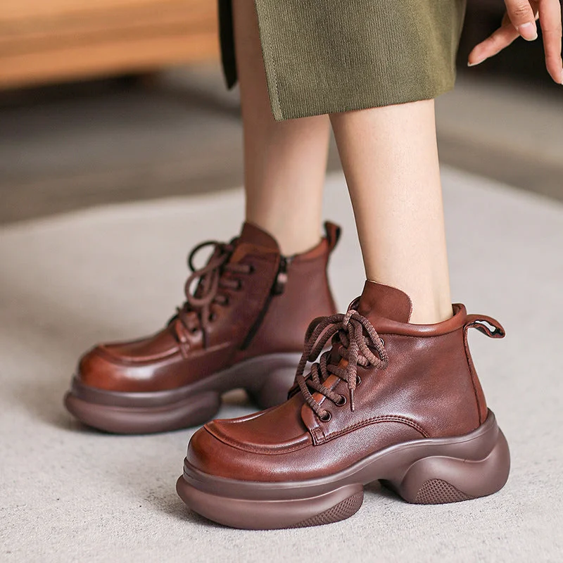 Women Retro Leather Platform Ankle Boots