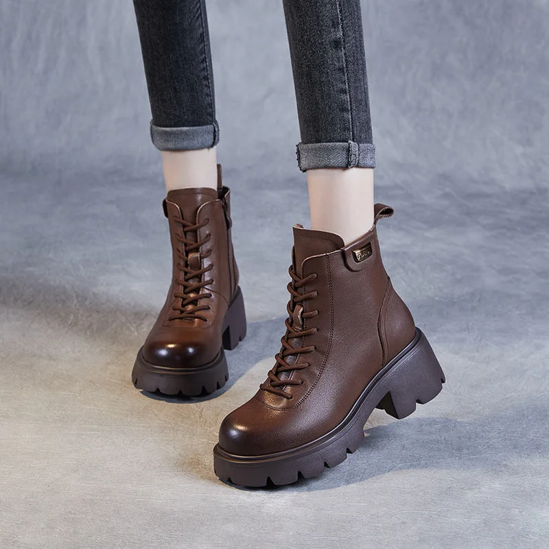 Women Retro Minimalist Leather Chunky Heel Boots