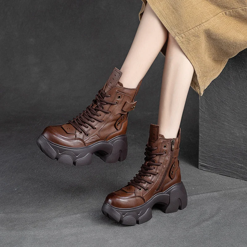 Women Winter Retro Leather Chunky Platform Boots