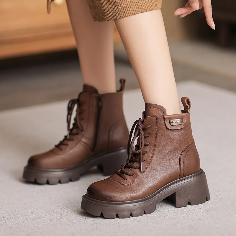 Women Retro Leather Minimalist Chunky Sole Boots