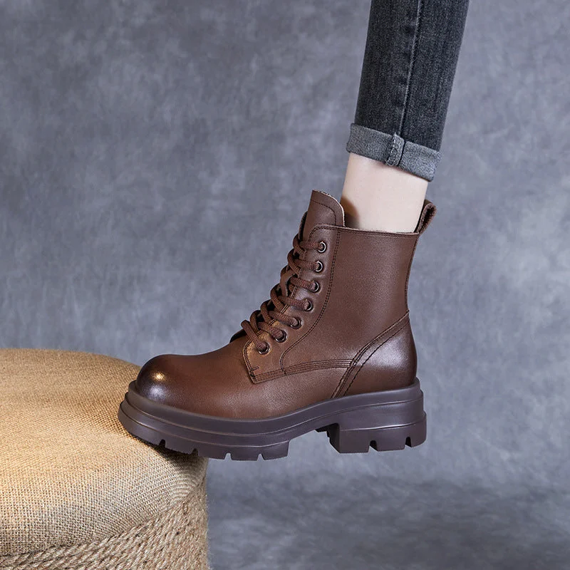 Women Retro Leather Classic Handmade Chunky Sole Boots