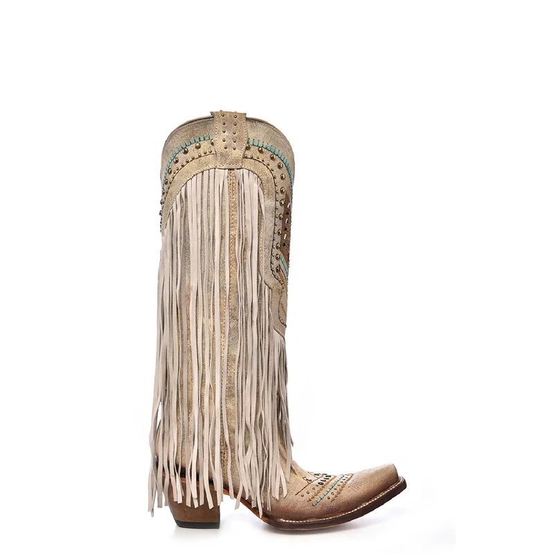 Corral Womens Crystals Pattern Embroidery Fringe Brown Cowhide 14in Cowboy Boots