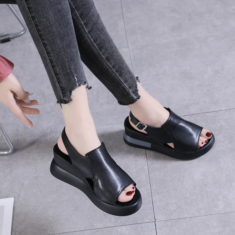 Wholesale Leather Thick Sole Slope Heel Sandals