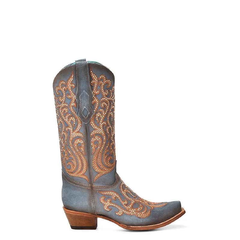 Corral Womens Honey Overlay Crystals Snip Blue Cowhide 13in Cowboy Boots