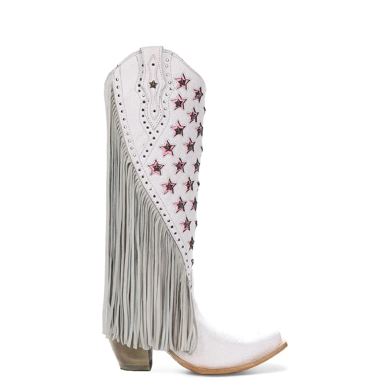 Corral Womens Stars Inlay Lamb Fringe White Cowhide 15.5in Cowboy Boots