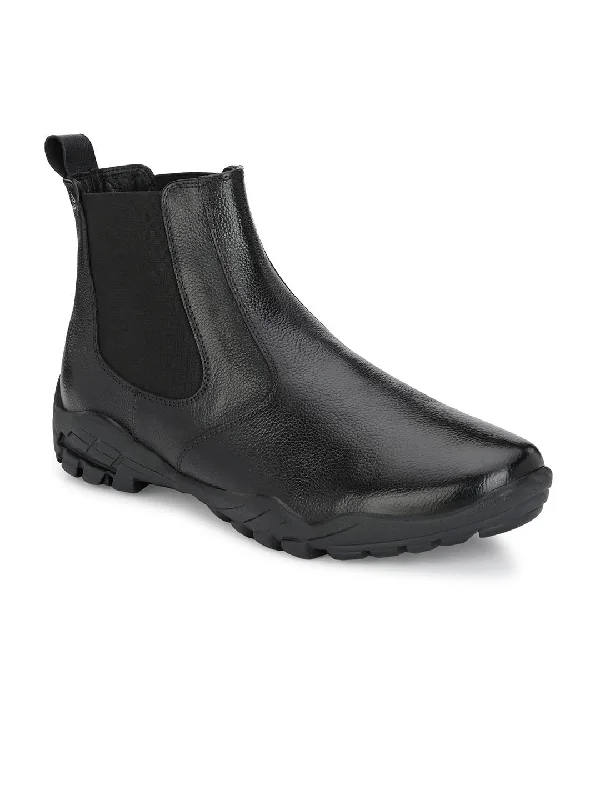 Hitz Men's Black Leather Slip-On Ankle Boot Shoes