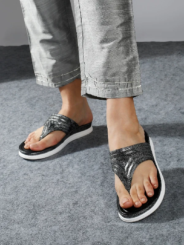 Women Pewter Textured T-Strap Open Toe Flats