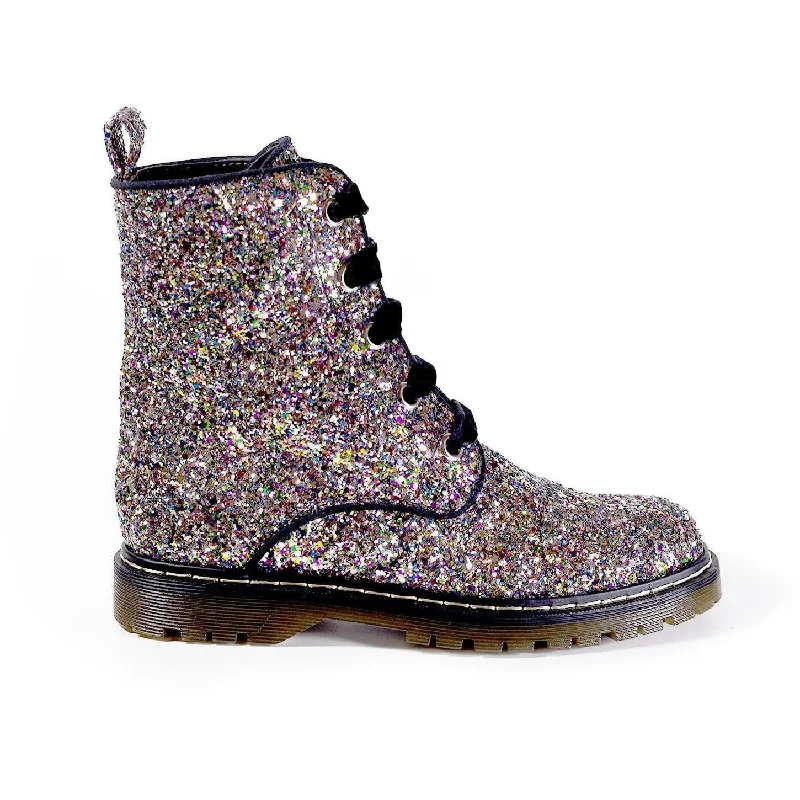 'Billie' vegan combat boots by Zette Shoes - Silver/Multicolour Glitter