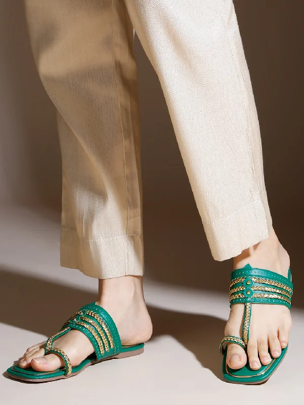 Women Green And Gold-Toned Embellished One Toe Flats