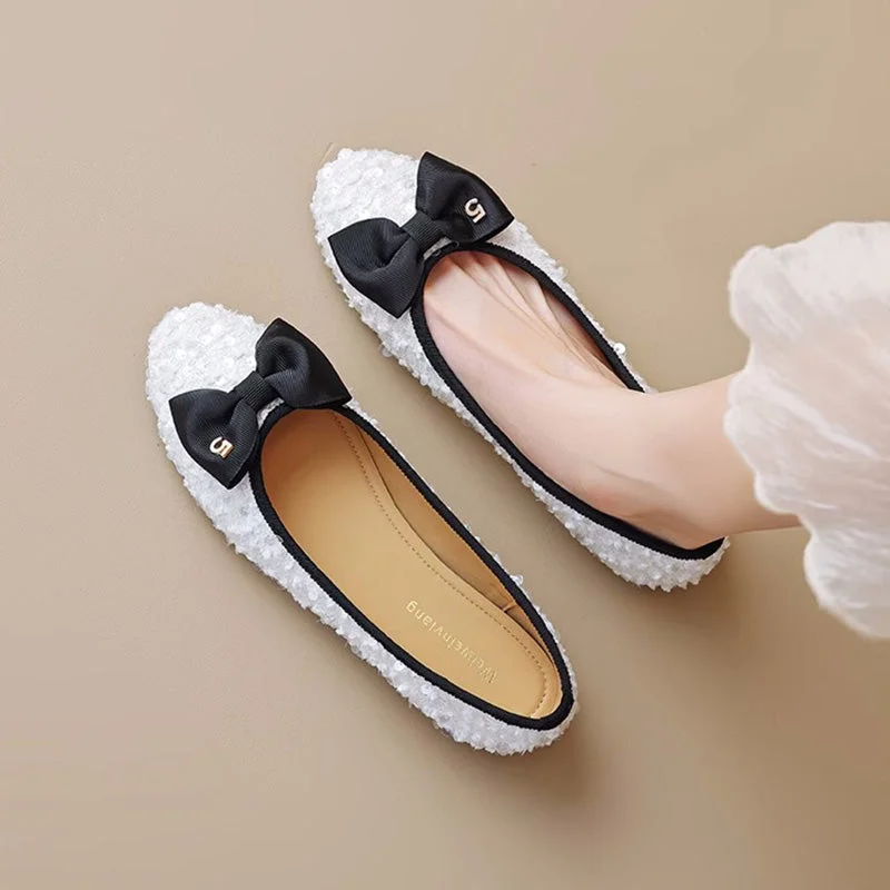 Women Stylish Bowknot Crystal Textile Soft Flats