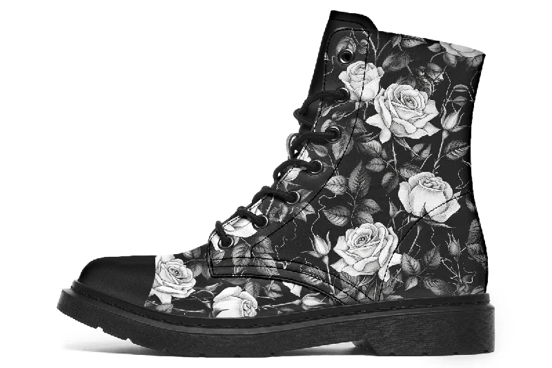 Veil of Roses Boots - Vegan Leather Doc-Style Boots with Durable Stitched on Soles