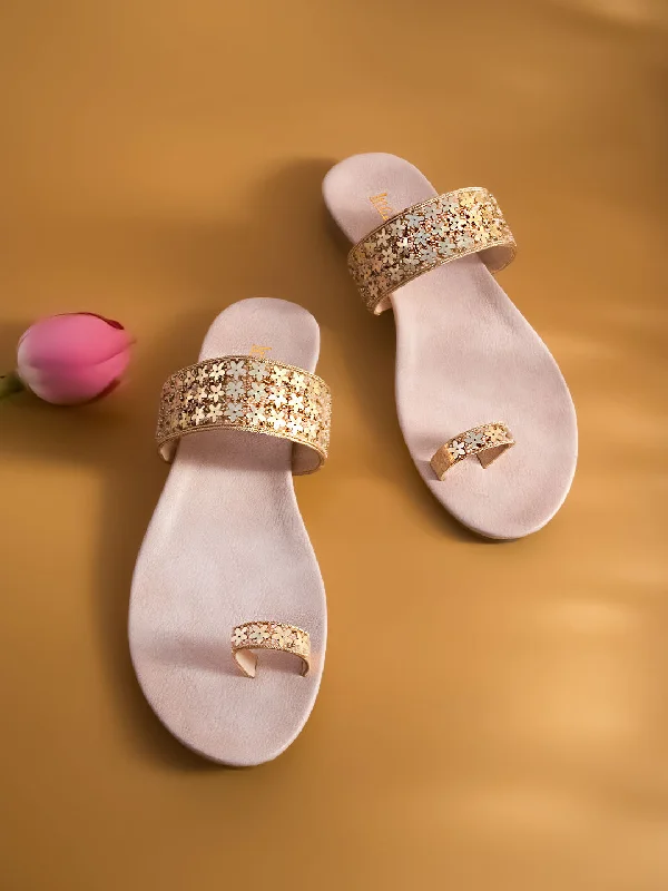 Women Rose Gold Embellished One Toe Flats