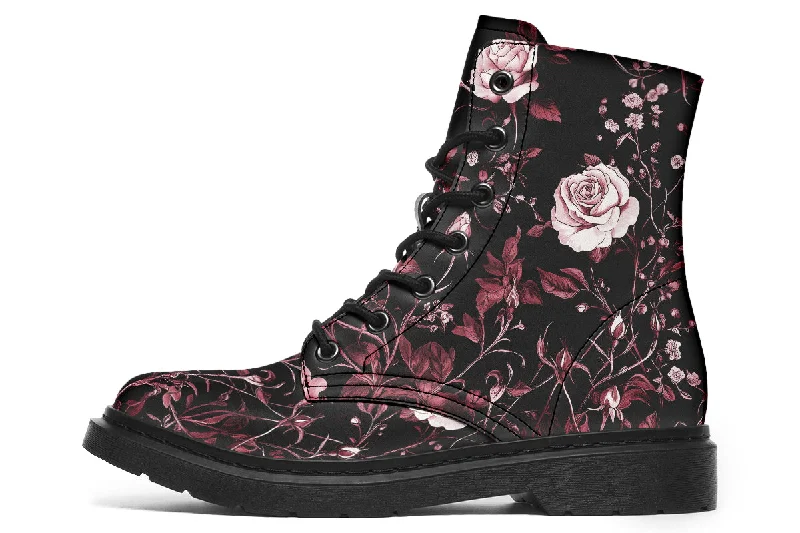 Crimson Rose Romance Boots - Vegan Leather Doc-Style Boots with Durable Stitched on Soles