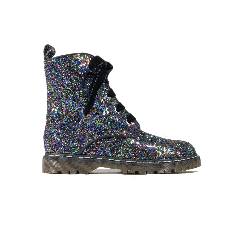 'Billie' Black/Multicolour Glitter vegan combat boots by Zette Shoes