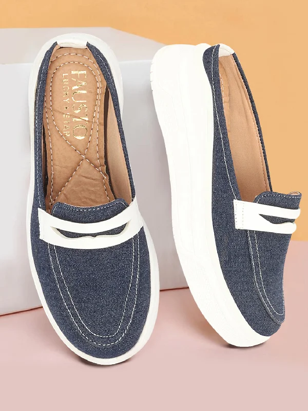 Women Navy Blue Fashion Outdoor Height Enhancer Open Back Slip On Upper Denim Casual Shoes