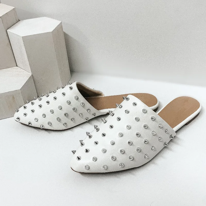 Uptown Girl Silver Spiked Slide On Mules in White