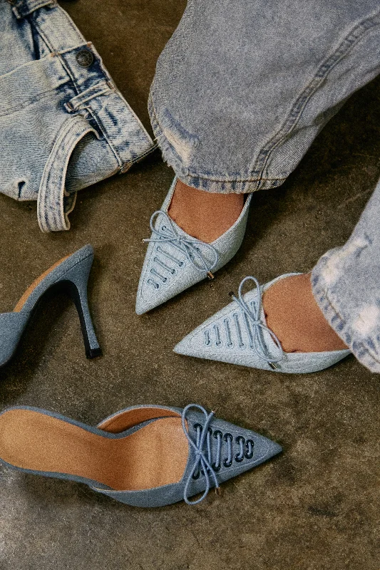 Nyla Pointed Toe Mule Heels - Light Denim