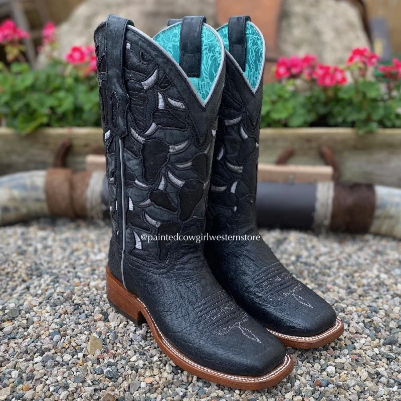 Corral Women's Black Ostrich Inlay Square Toe Cowgirl Boots A4058