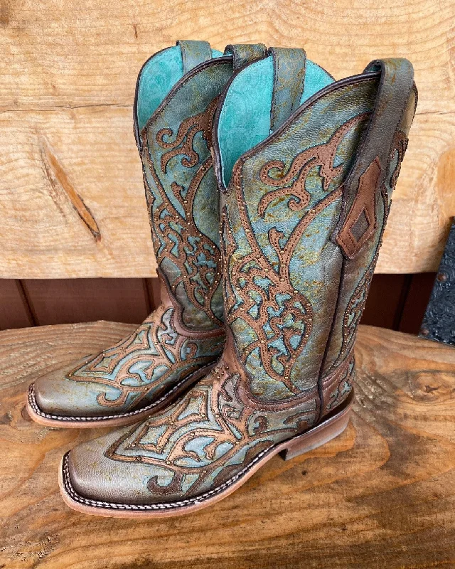 Corral Women's Turquoise & Brown Overlay Square Toe Cowgirl Boots C3768