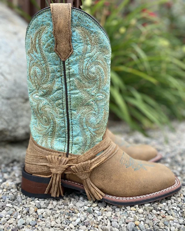 Laredo Women's Sadie Tan & Turquoise Square Toe Cowgirl Boots 5847