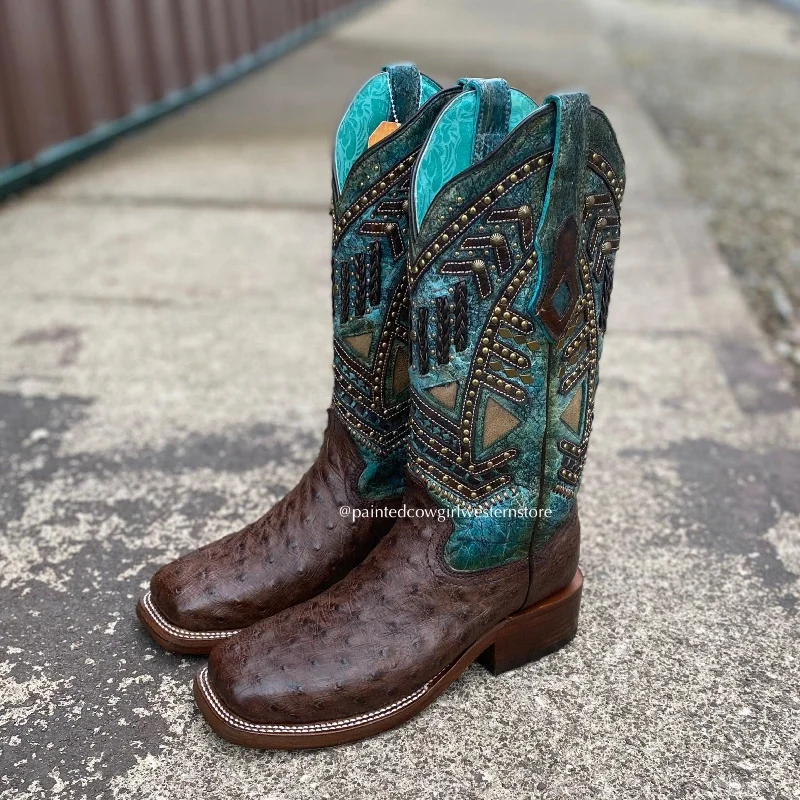 Corral Women's Turquoise Overlay Ostrich Square Toe Cowgirl Boots A4059